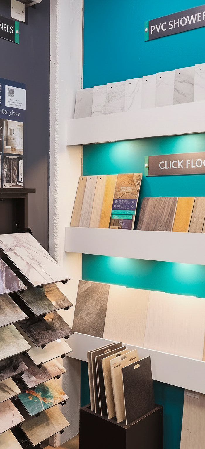Bathroom showroom with samples of tiles and flooring