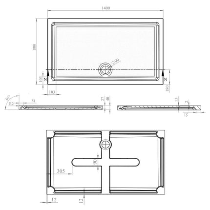 Anti Slip Gel Coated Stone Resin Rectangular Shower Tray 1400 x 800mm Waterworks Shower Trays Waterworks Bathrooms 