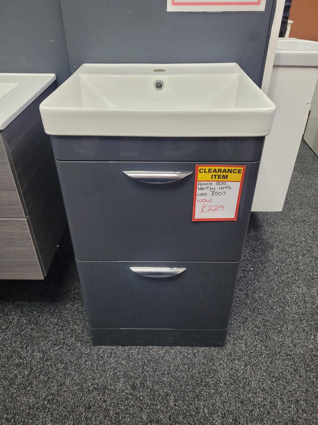 Apollo 500mm FS Unit and Ceramic Basin Anthracite Grey Gloss Clearance Vanity Unit Waterworks Bathrooms 