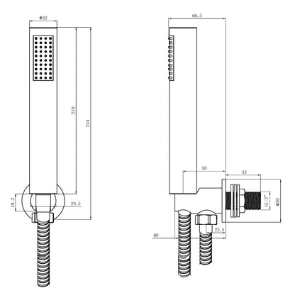 Chrome square wall outlet elbow with bracket, hose & handset Waterworks Showers Waterworks Bathrooms 
