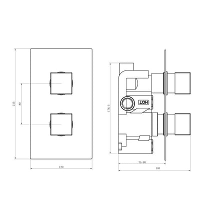 Edge Square Concealed Thermostatic 2 Handle Single Outlet Waterworks Showers Waterworks Bathrooms 