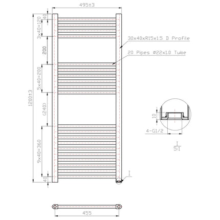 Empire 22mm Straight Towel Rail - 1200mm x 500mm - Chrome Waterworks Heating Waterworks Bathrooms 