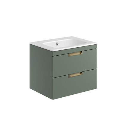 Envy 600mm Matt Green Finish Double Drawer Vanity Unit Wall Mounted Waterworks Vanity Units Waterworks Bathrooms 