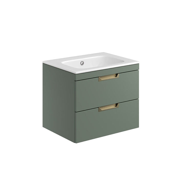 Envy 600mm Matt Green Finish Double Drawer Vanity Unit Wall Mounted Waterworks Vanity Units Waterworks Bathrooms 