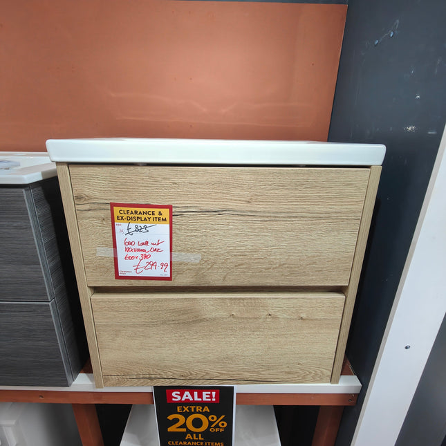 Havana Oak 600 Wall Hung 2-Drawer Unit & Basin Clearance Vanity Unit Waterworks Bathrooms 