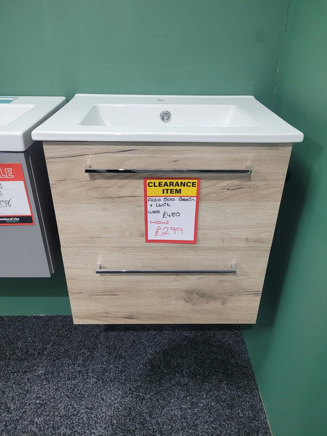 Lux Viglio 510mm Wall Hung 2 Drawer Basin Unit & Basin - Oak Clearance Vanity Unit Waterworks Bathrooms 