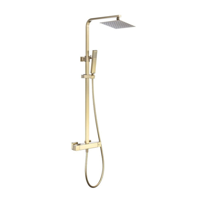 Nova Brushed Brass Square Thermostatic Bar Valve & Riser Kit with Twin Square Shower Head Waterworks Showers Waterworks Bathrooms 