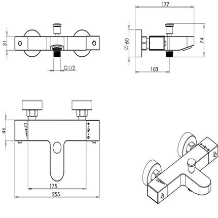 NUIE Square Thermostatic Bath Shower Mixer Bath taps Ultra 