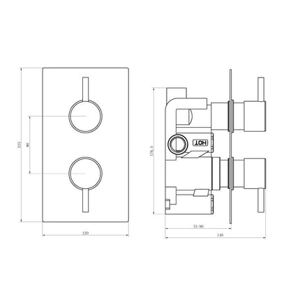 Round Concealed Thermostatic 2 Handle 1 Way Shower Valve - C Waterworks Bathrooms 