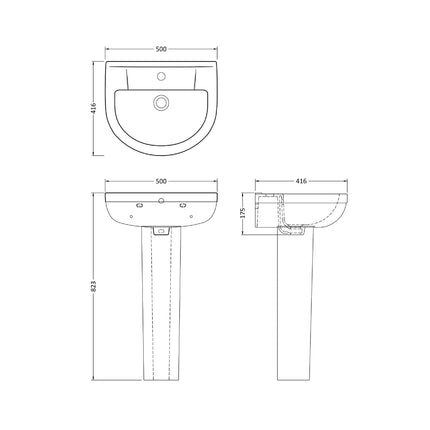 U5T-09-49 Round 500mm Basin & Pedestal White Toilets Waterworks Bathrooms 